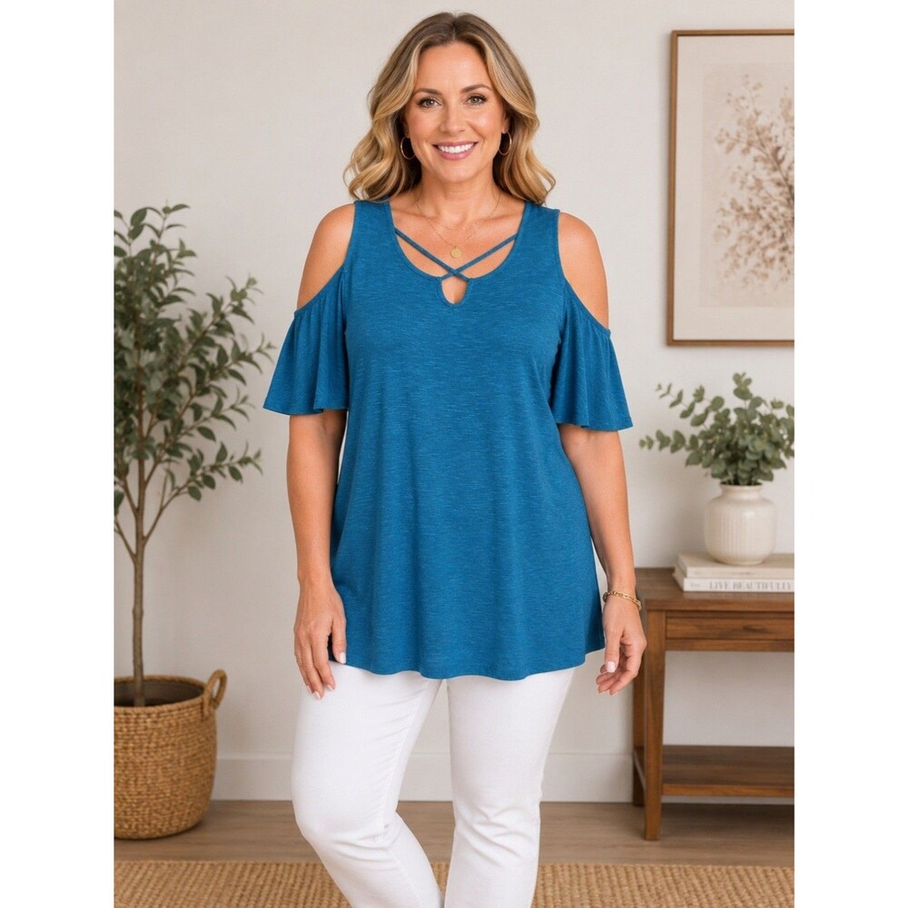 Women’s Catherines Plus Size Teal Cold Shoulder Top SZ  0XL/XL